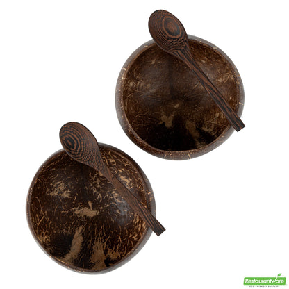 Wholesale Restaurantware Coco Casa 4-Piece Handmade Coconut Bowl and Wooden Spoon Set- Bulk