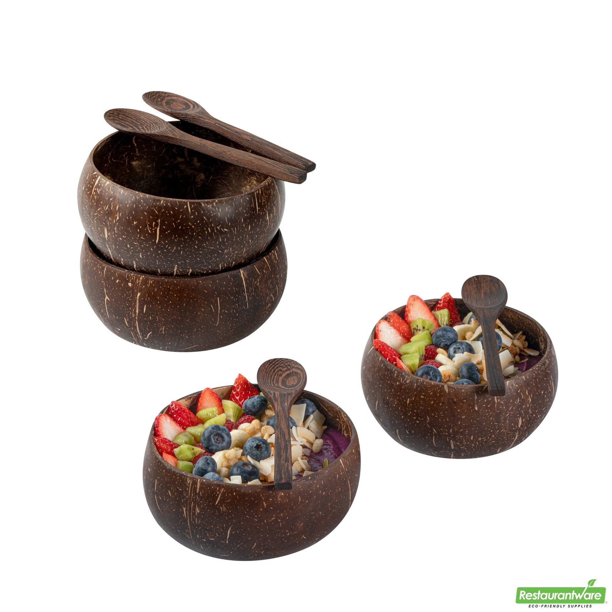 Wholesale Restaurantware Coco Casa 4-Piece Handmade Coconut Bowl and Wooden Spoon Set- Bulk