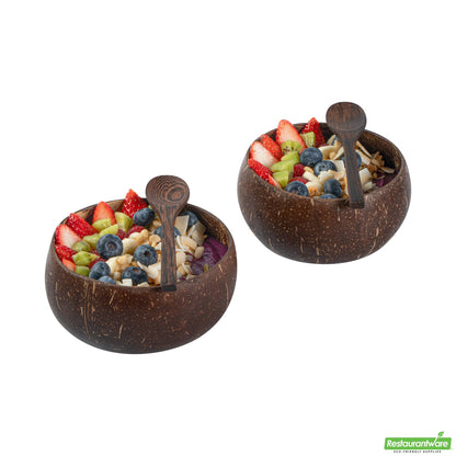 Wholesale Restaurantware Coco Casa 4-Piece Handmade Coconut Bowl and Wooden Spoon Set- Bulk