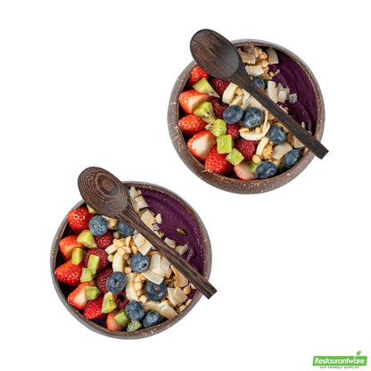 Wholesale Restaurantware Coco Casa 4-Piece Handmade Coconut Bowl and Wooden Spoon Set- Bulk