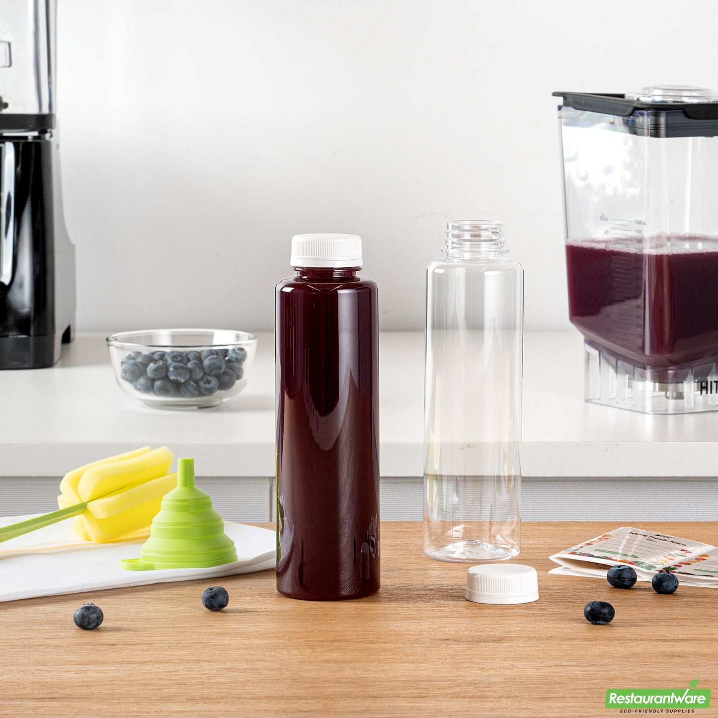 Wholesale Restaurantware Bottle Tek 100 Round Clear 16 oz Plastic Juice Bottles with Safety Caps- Bulk