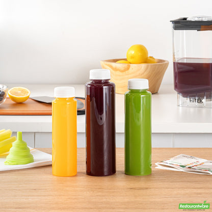 Wholesale Restaurantware Bottle Tek 100 Round Clear 16 oz Plastic Juice Bottles with Safety Caps- Bulk