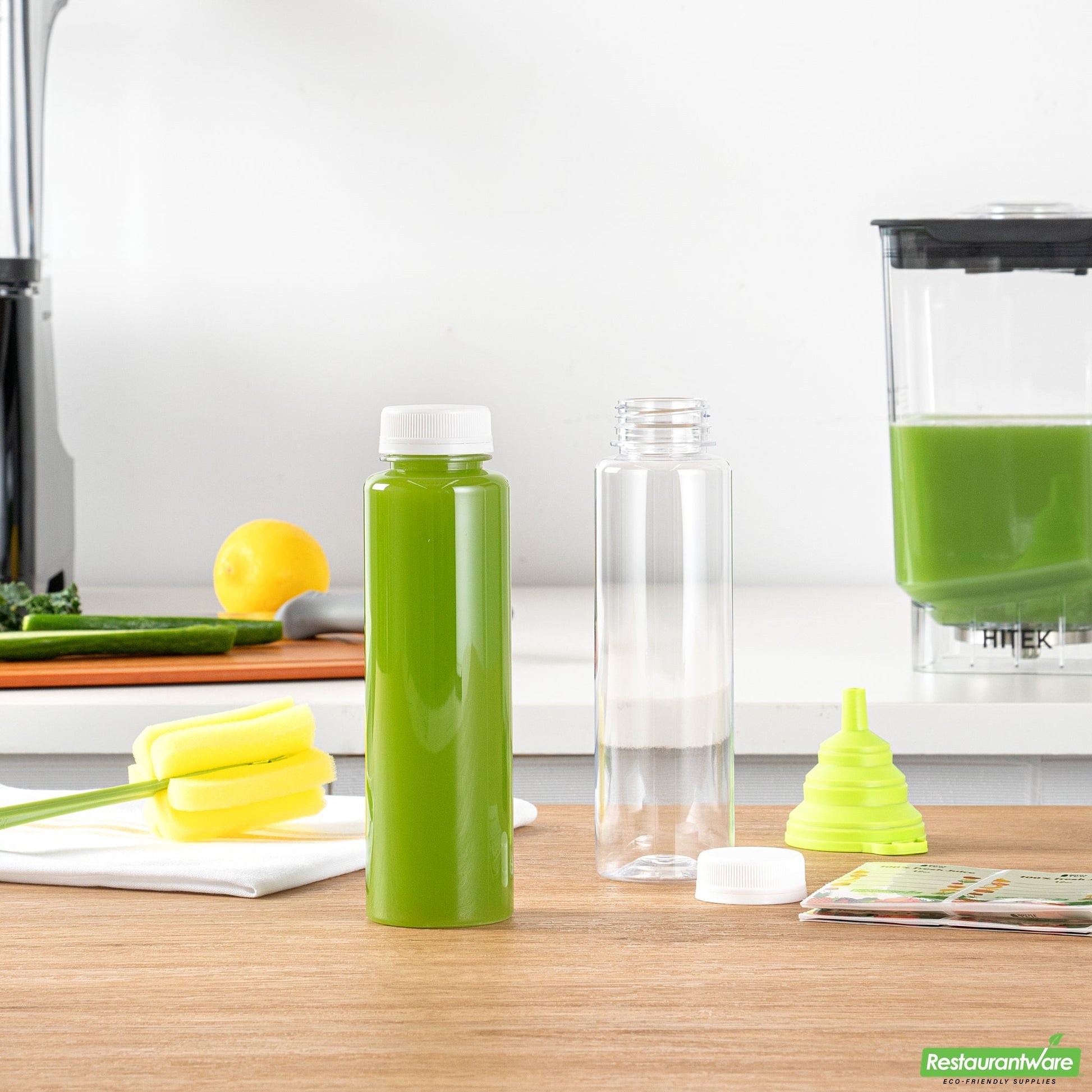 Wholesale Restaurantware Bottle Tek 100 Round Clear 12 oz Plastic Juice Bottles with Safety Caps- Bulk