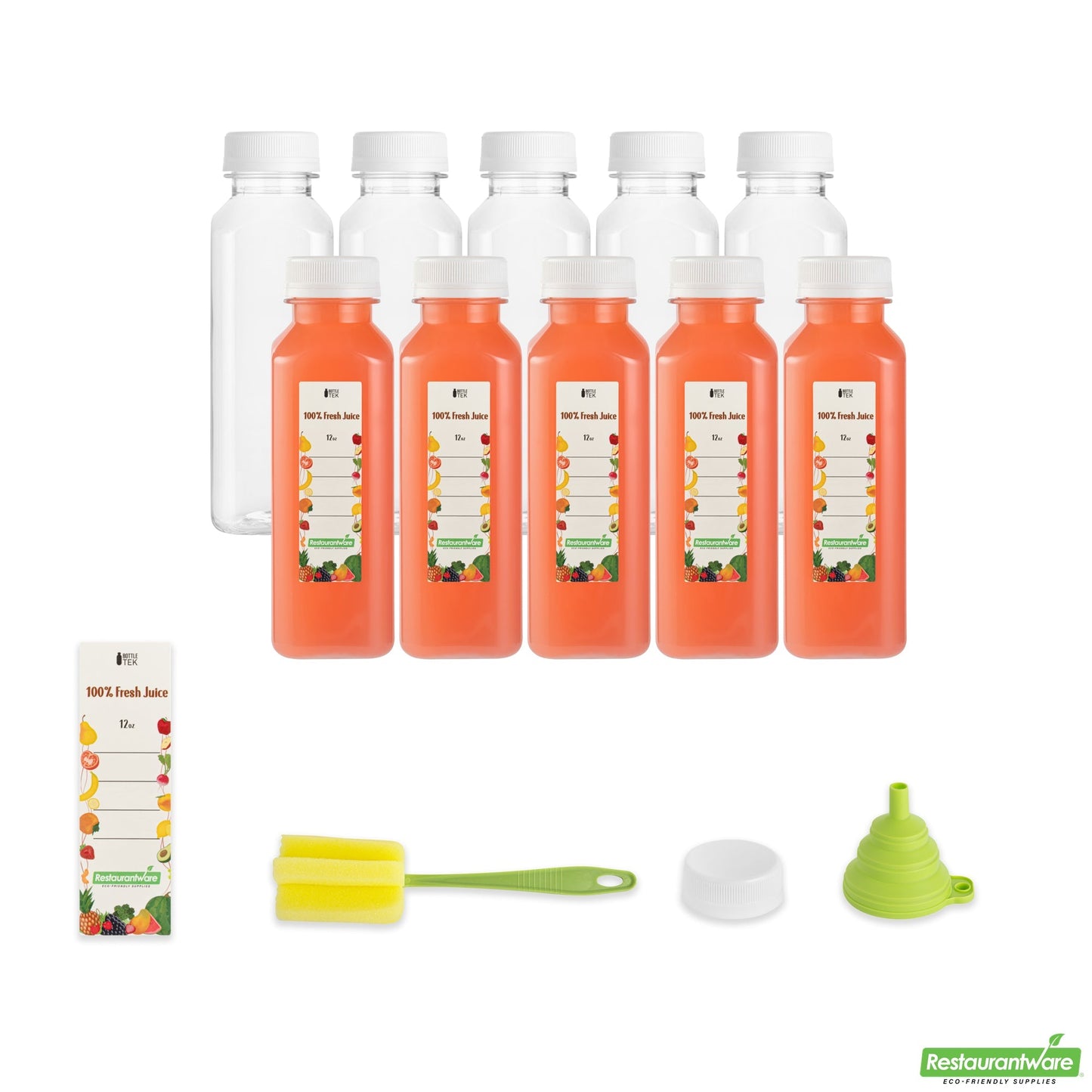 Wholesale Restaurantware Bottle Tek 100 Square Clear 12 Oz Plastic Juice Bottles with Safety Caps- Bulk