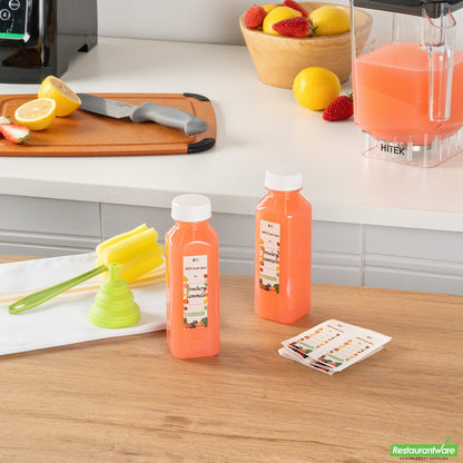 Wholesale Restaurantware Bottle Tek 100 Square Clear 12 Oz Plastic Juice Bottles with Safety Caps- Bulk