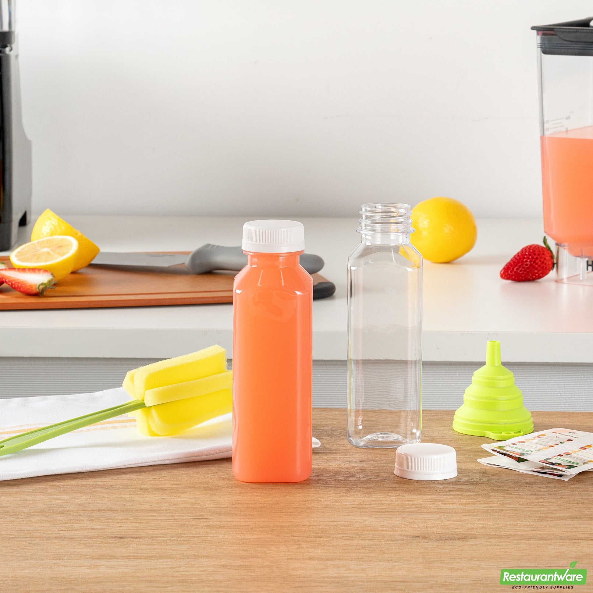 Wholesale Restaurantware Bottle Tek 100 Square Clear 12 Oz Plastic Juice Bottles with Safety Caps- Bulk