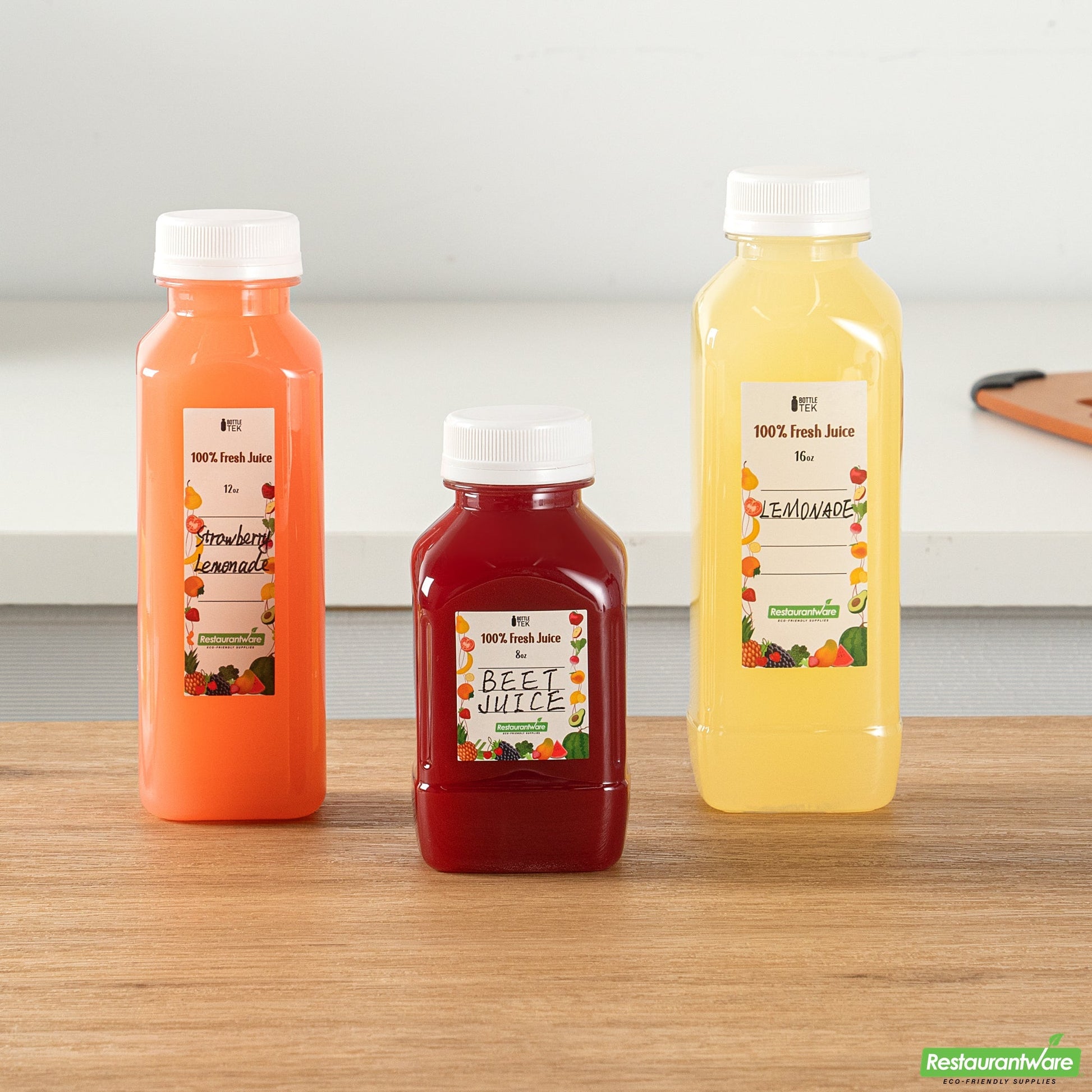 Wholesale Restaurantware Bottle Tek 10 Square Clear 8 oz Plastic Juice Bottles with Safety Caps- Bulk