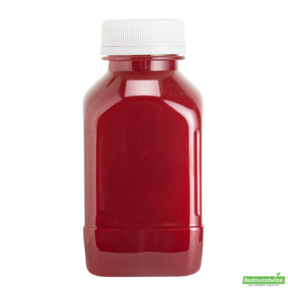 Wholesale Restaurantware Bottle Tek 10 Square Clear 8 oz Plastic Juice Bottles with Safety Caps- Bulk