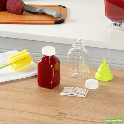 Wholesale Restaurantware Bottle Tek 10 Square Clear 8 oz Plastic Juice Bottles with Safety Caps- Bulk