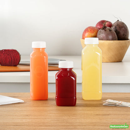 Wholesale Restaurantware Bottle Tek 10 Square Clear 8 oz Plastic Juice Bottles with Safety Caps- Bulk