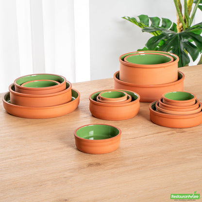 Wholesale Restaurantware 7 Oz Terracotta Cazuela Bowl - Green Glazed Interior, Oven-Safe- Bulk
