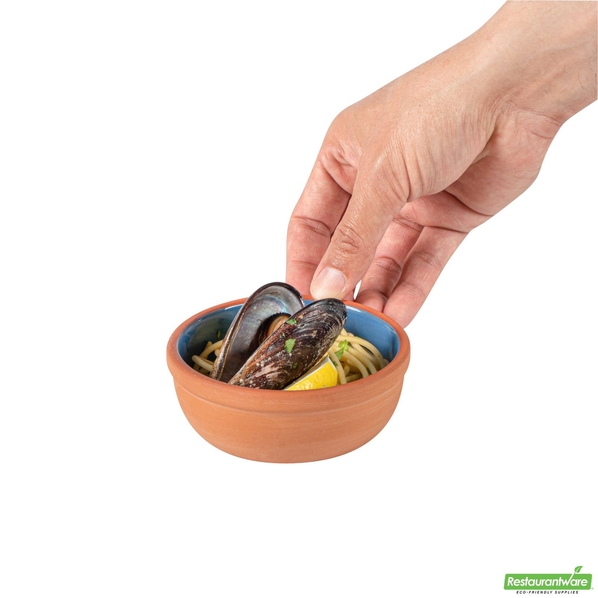 Wholesale Restaurantware 5 Oz Terrcotta Cazuela Bowl - Blue Glazed Interior, Oven-Safe- Bulk
