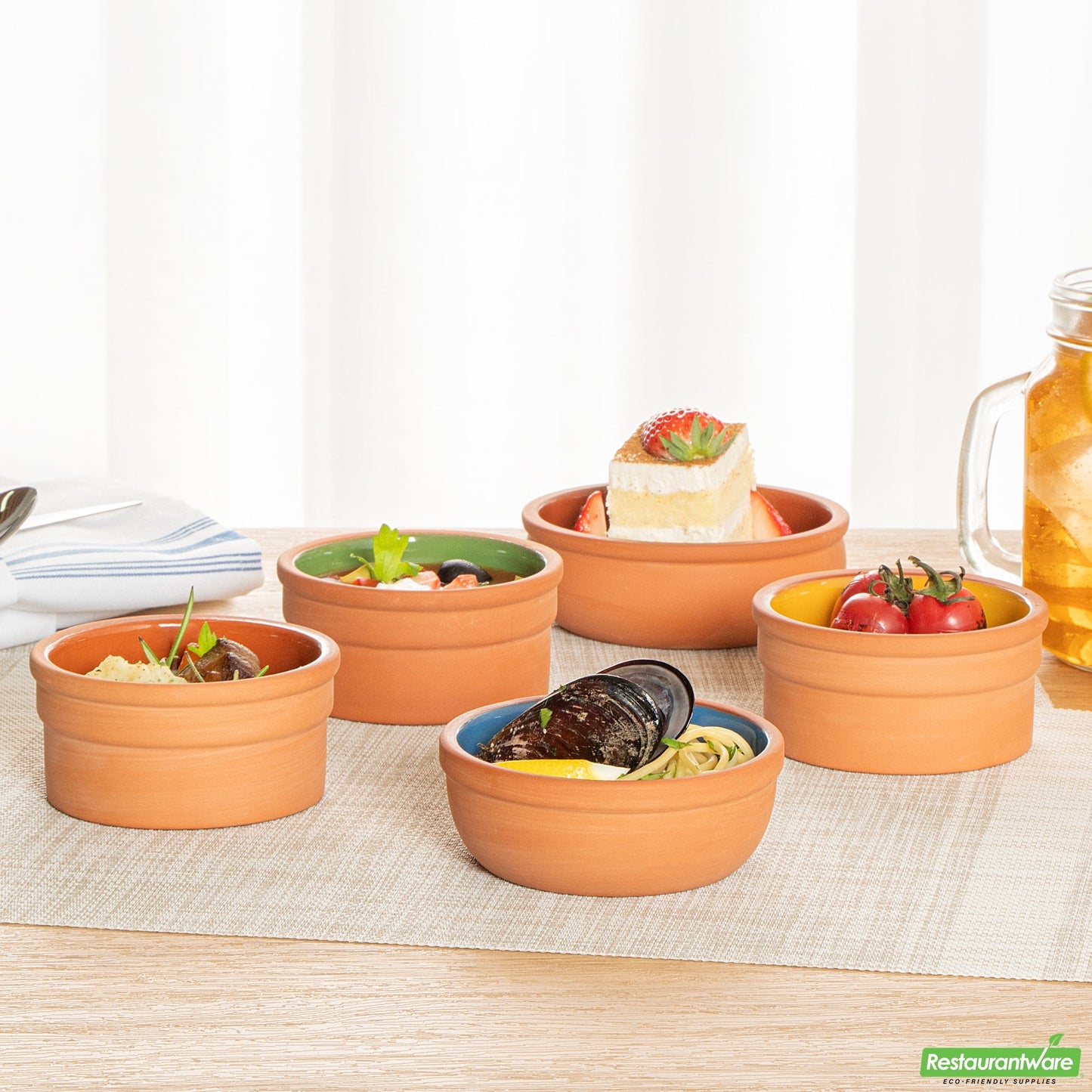 Wholesale Restaurantware 5 Oz Terrcotta Cazuela Bowl - Blue Glazed Interior, Oven-Safe- Bulk