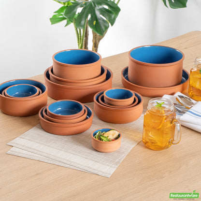 Wholesale Restaurantware 3 Oz Terracotta Cazuela Bowl - Blue Glazed Interior, Oven-Safe- Bulk