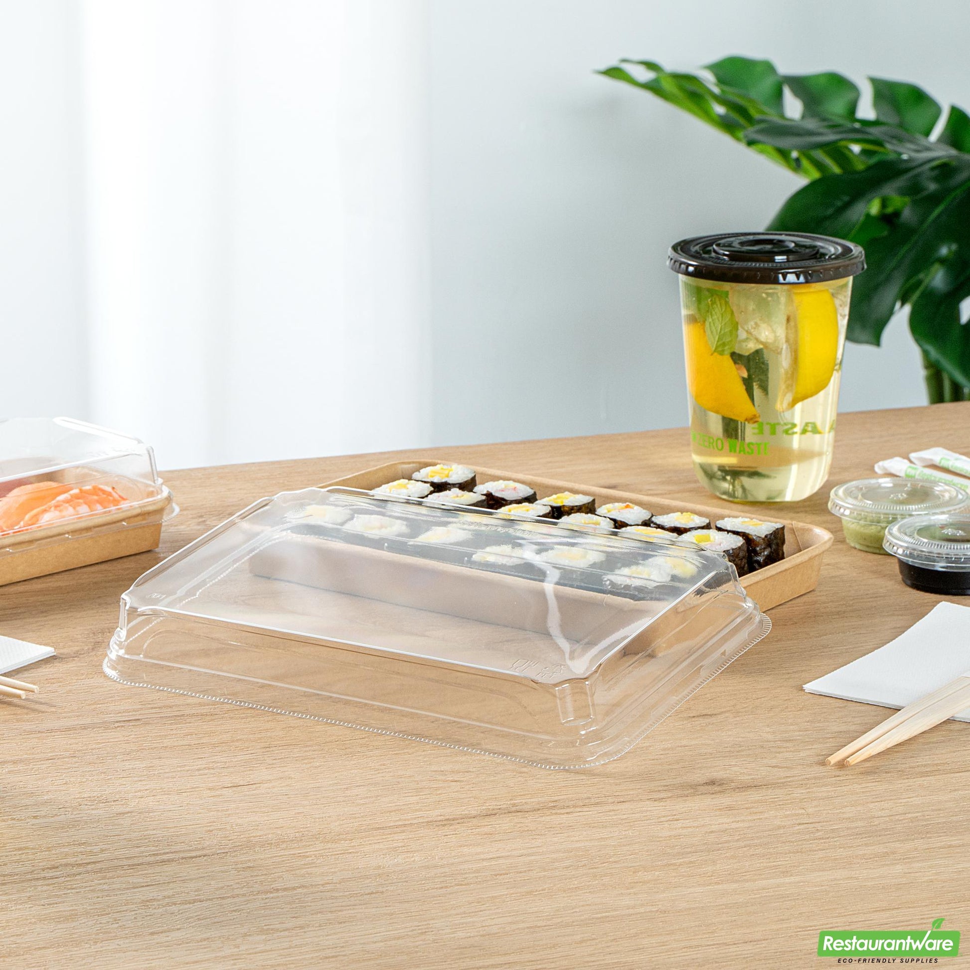 Wholesale Restaurantware Clear Pet Plastic Lid - Fits 20 Oz Sushi Container - 9.6" X 6.1" X 1.2"- Bulk