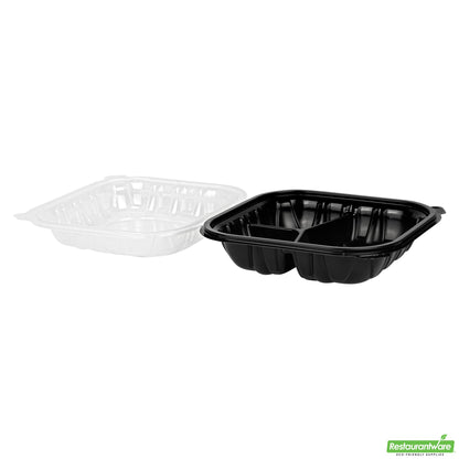 Wholesale Restaurantware 34 Oz Black Plastic Clamshell Container - 3 Compartments- Bulk
