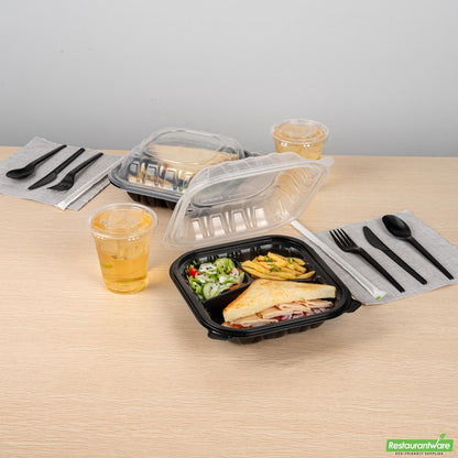 Wholesale Restaurantware 34 Oz Black Plastic Clamshell Container - 3 Compartments- Bulk