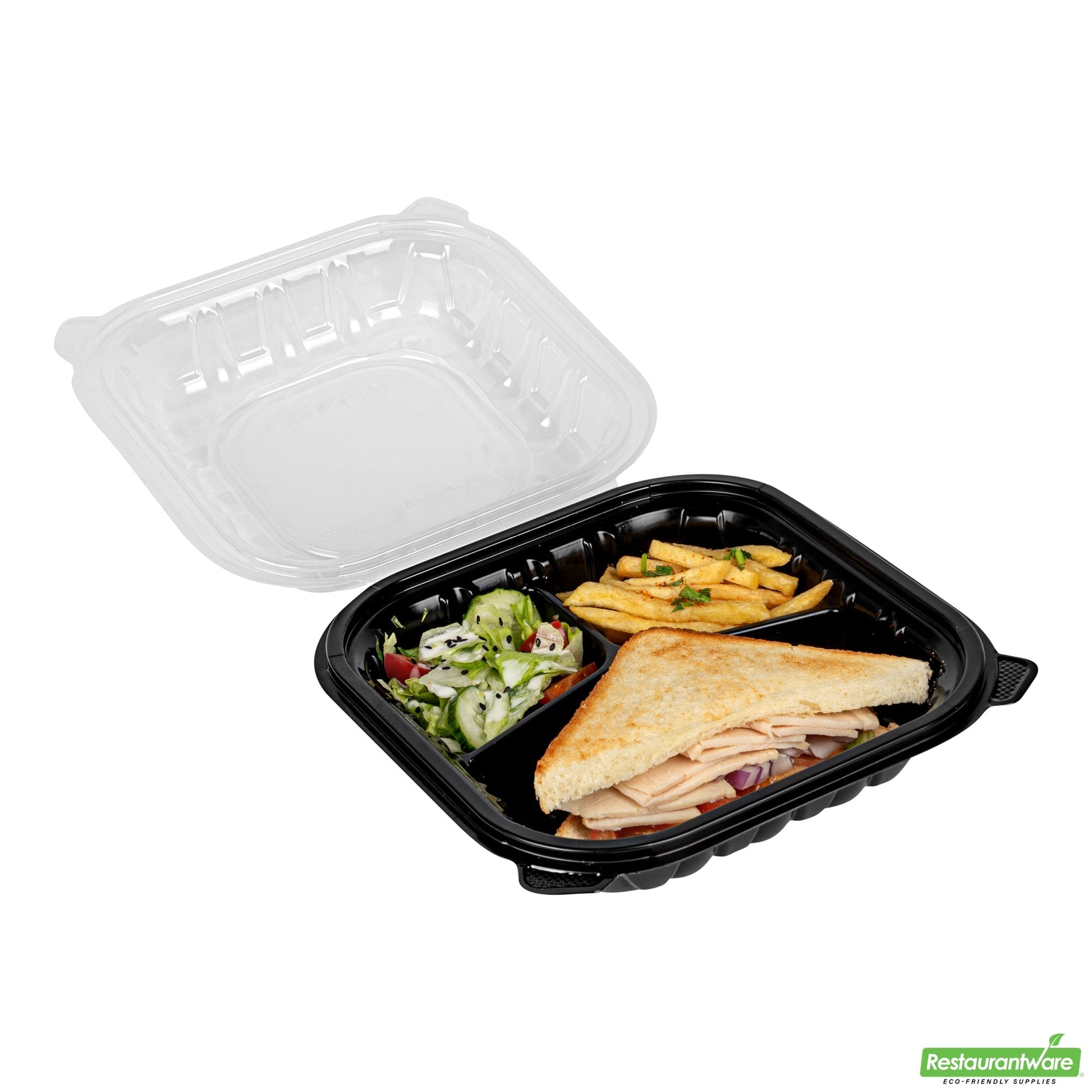 Wholesale Restaurantware 34 Oz Black Plastic Clamshell Container - 3 Compartments- Bulk
