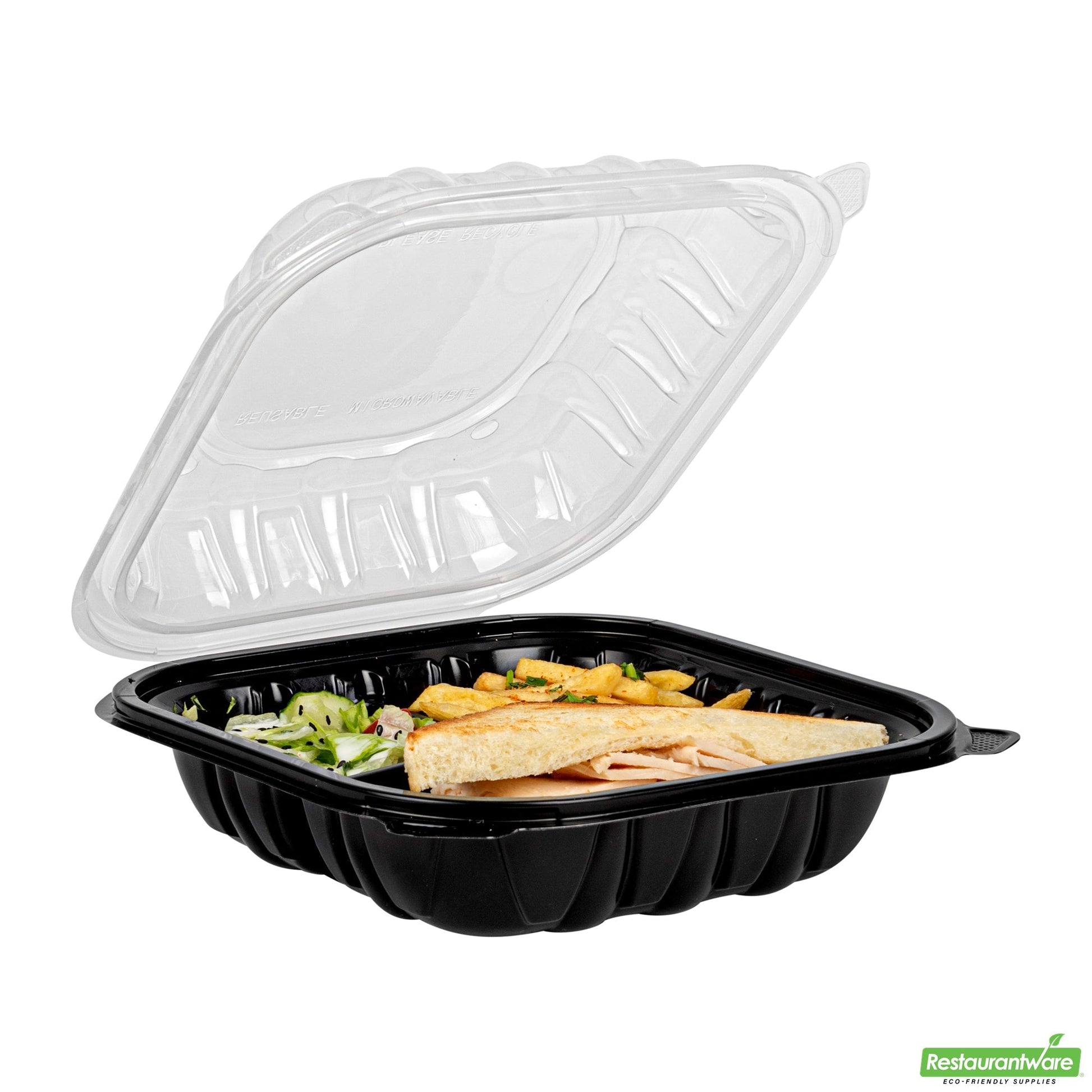 Wholesale Restaurantware 34 Oz Black Plastic Clamshell Container - 3 Compartments- Bulk