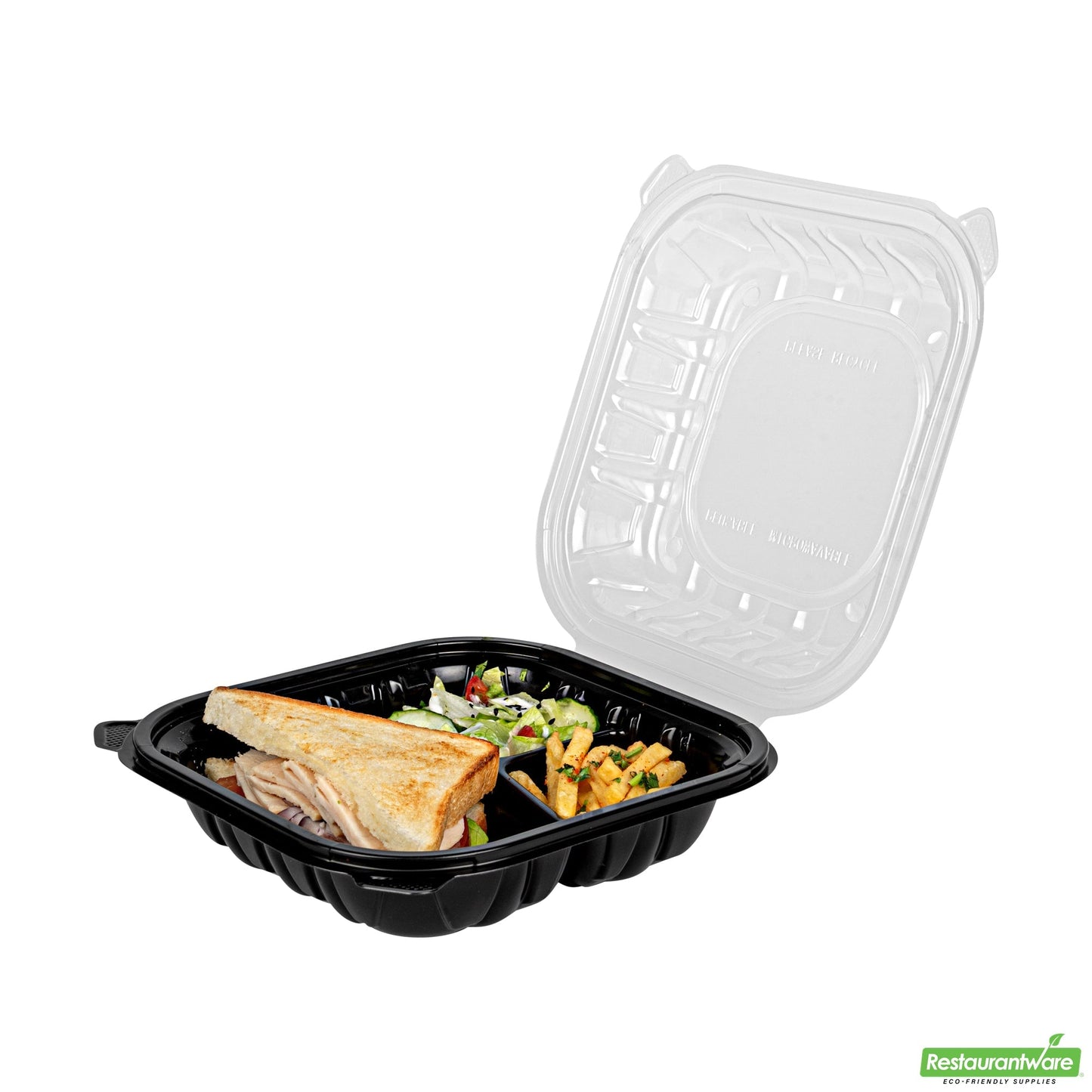 Wholesale Restaurantware 34 Oz Black Plastic Clamshell Container - 3 Compartments- Bulk