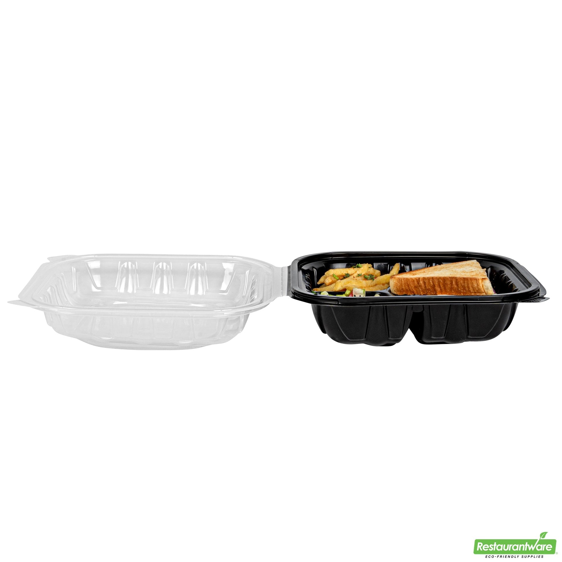 Wholesale Restaurantware 34 Oz Black Plastic Clamshell Container - 3 Compartments- Bulk