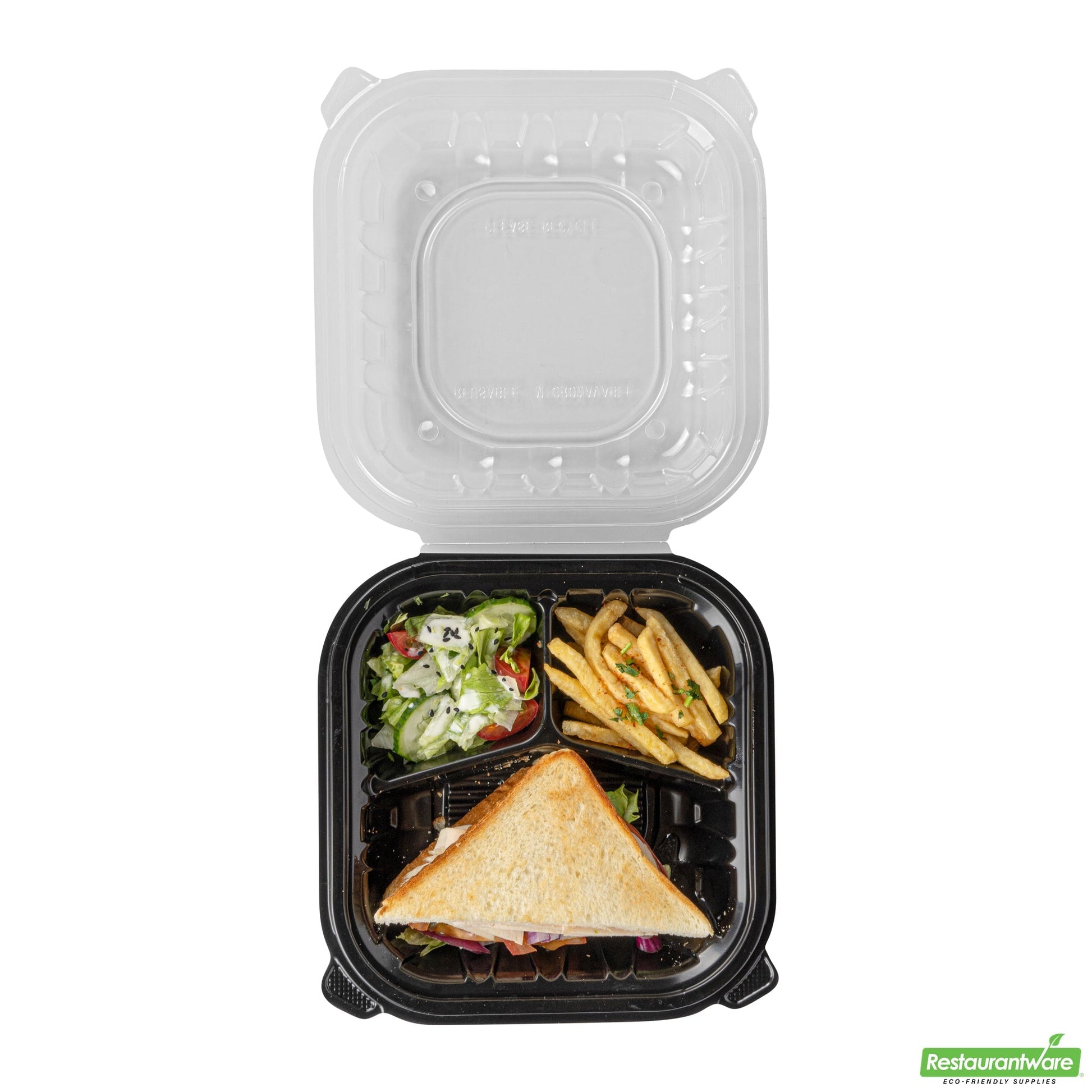 Wholesale Restaurantware 34 Oz Black Plastic Clamshell Container - 3 Compartments- Bulk