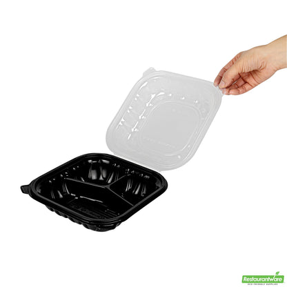 Wholesale Restaurantware 34 Oz Black Plastic Clamshell Container - 3 Compartments- Bulk