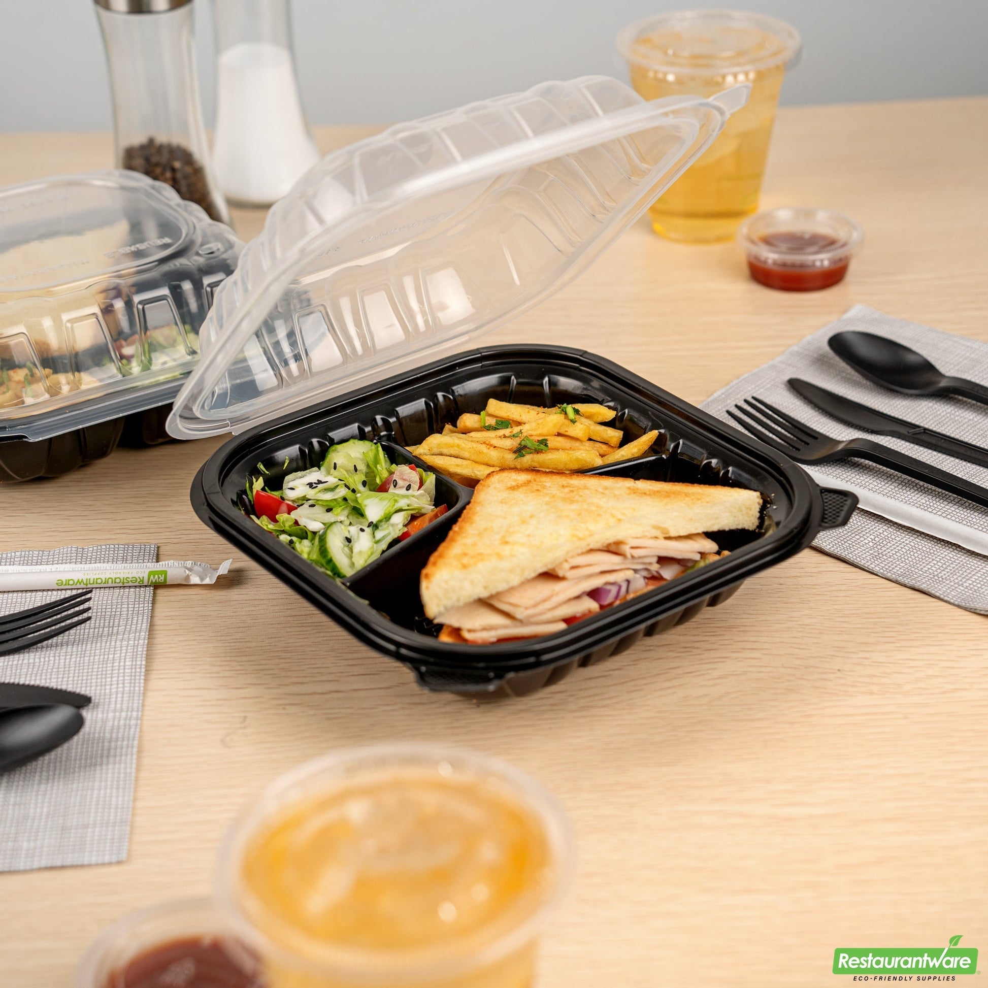 Wholesale Restaurantware 34 Oz Black Plastic Clamshell Container - 3 Compartments- Bulk