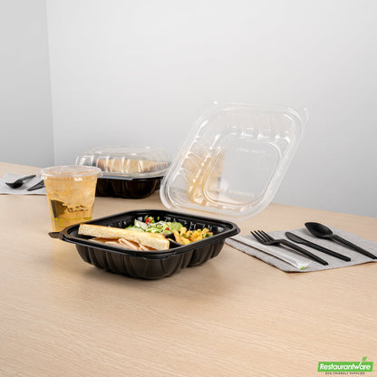 Wholesale Restaurantware 34 Oz Black Plastic Clamshell Container - 3 Compartments- Bulk