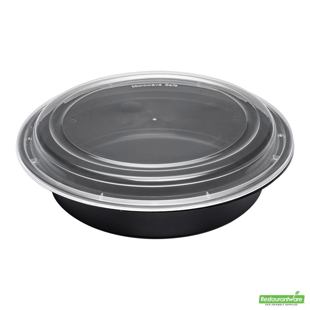 Wholesale Restaurantware Asporto 48 Oz Round Black Plastic to Go Box - with Clear Lid, Microwavable - 9" X 9" X 1 3/4"- Bulk