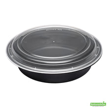 Wholesale Restaurantware Asporto 48 Oz Round Black Plastic to Go Box - with Clear Lid, Microwavable - 9" X 9" X 1 3/4"- Bulk