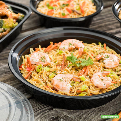 Wholesale Restaurantware Asporto 48 Oz Round Black Plastic to Go Box - with Clear Lid, Microwavable - 9" X 9" X 1 3/4"- Bulk
