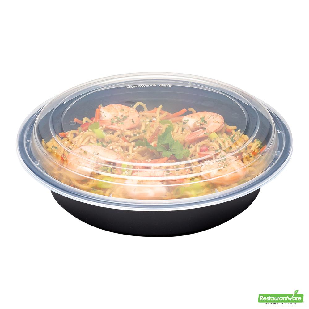 Wholesale Restaurantware Asporto 48 Oz Round Black Plastic to Go Box - with Clear Lid, Microwavable - 9" X 9" X 1 3/4"- Bulk