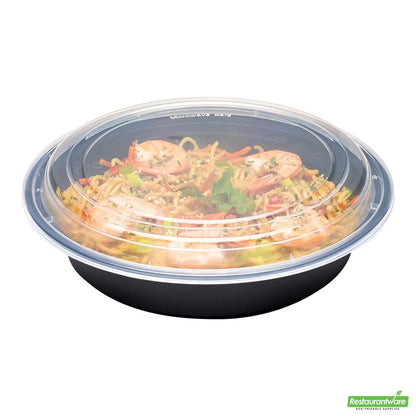 Wholesale Restaurantware Asporto 48 Oz Round Black Plastic to Go Box - with Clear Lid, Microwavable - 9" X 9" X 1 3/4"- Bulk
