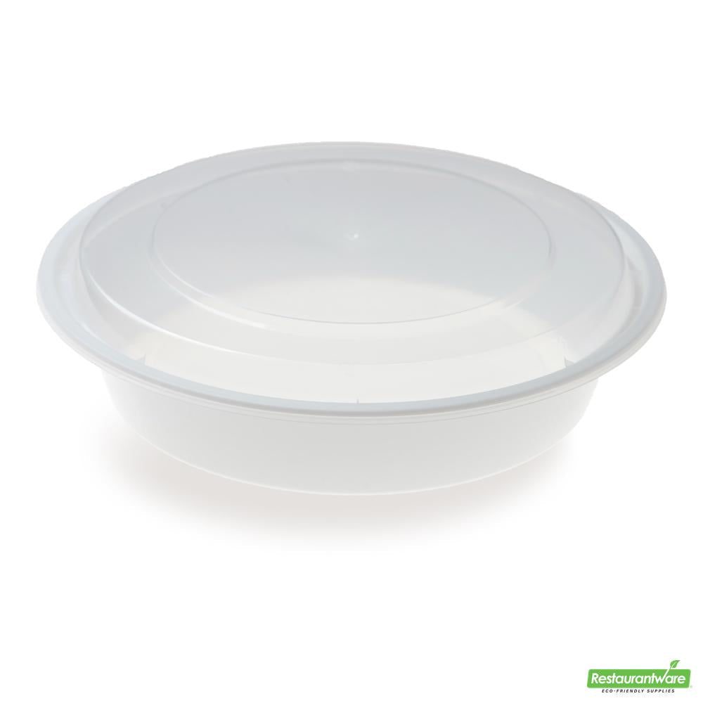 Wholesale Restaurantware 48 Oz Round White Plastic To Go Box - with Clear Lid, Microwavable- Bulk