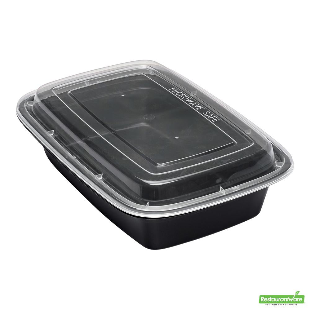 Wholesale Restaurantware Asporto 24 Oz Rectangle Black Plastic to Go Box - with Clear Lid, Microwavable - 8" X 5 1/4" X 1 3/4"- Bulk