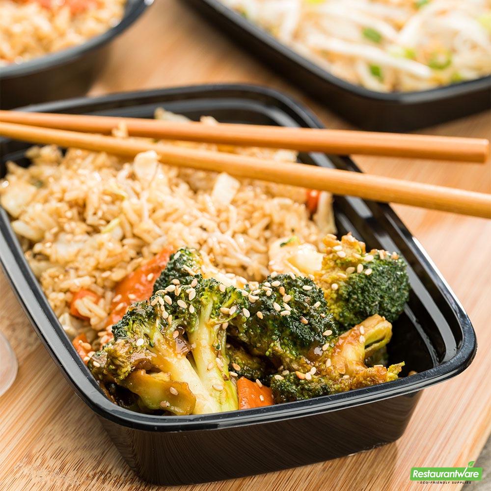Wholesale Restaurantware Asporto 24 Oz Rectangle Black Plastic to Go Box - with Clear Lid, Microwavable - 8" X 5 1/4" X 1 3/4"- Bulk