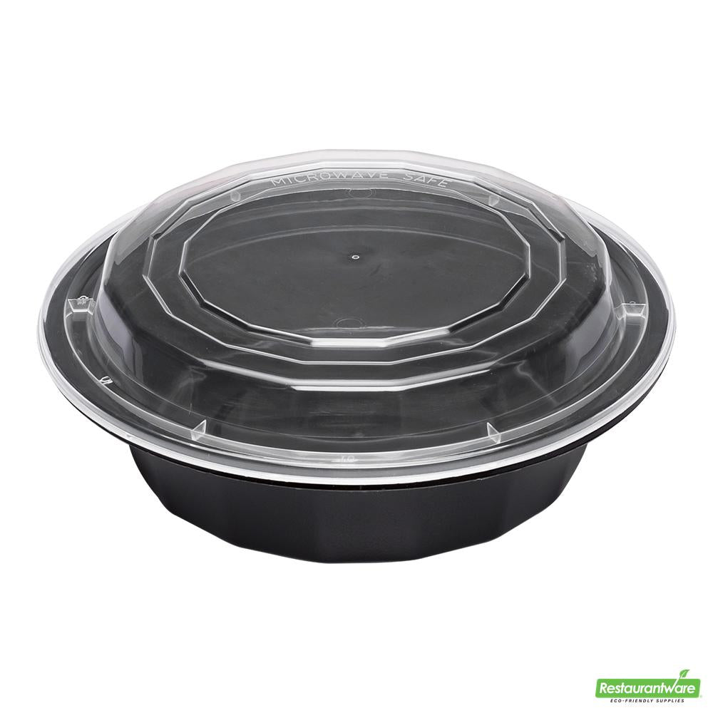 Wholesale Restaurantware Asporto 16 Oz Round Black Plastic to Go Box - with Clear Lid, Microwavable - 6 1/4" X 6 1/4" X 1 3/4"- Bulk