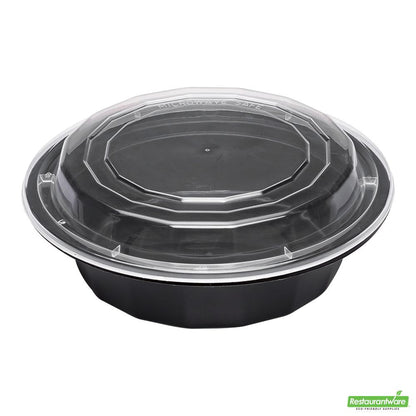 Wholesale Restaurantware Asporto 16 Oz Round Black Plastic to Go Box - with Clear Lid, Microwavable - 6 1/4" X 6 1/4" X 1 3/4"- Bulk