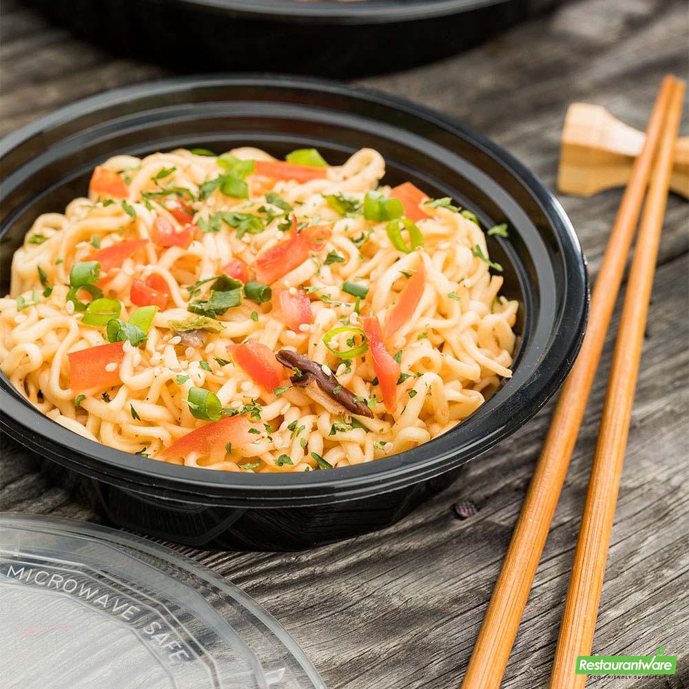Wholesale Restaurantware Asporto 16 Oz Round Black Plastic to Go Box - with Clear Lid, Microwavable - 6 1/4" X 6 1/4" X 1 3/4"- Bulk
