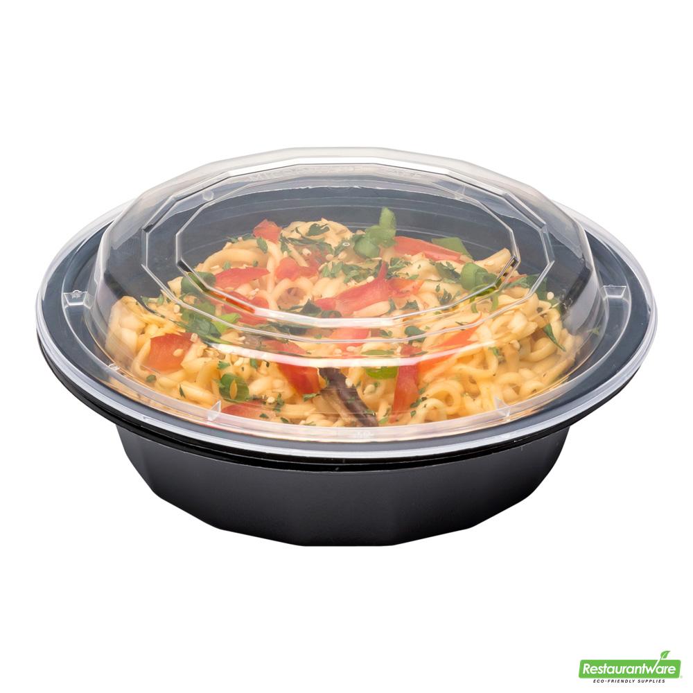Wholesale Restaurantware Asporto 16 Oz Round Black Plastic to Go Box - with Clear Lid, Microwavable - 6 1/4" X 6 1/4" X 1 3/4"- Bulk