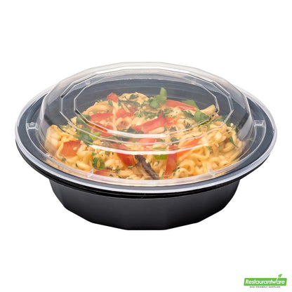 Wholesale Restaurantware Asporto 16 Oz Round Black Plastic to Go Box - with Clear Lid, Microwavable - 6 1/4" X 6 1/4" X 1 3/4"- Bulk