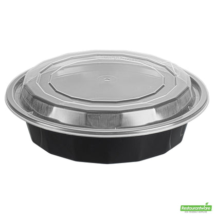 Wholesale Restaurantware 24 Oz Round Black Plastic to Go Box - with Clear Lid, Microwavable - 7.2" X 7.2" X 1.6"- Bulk