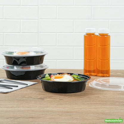 Wholesale Restaurantware 24 Oz Round Black Plastic to Go Box - with Clear Lid, Microwavable - 7.2" X 7.2" X 1.6"- Bulk