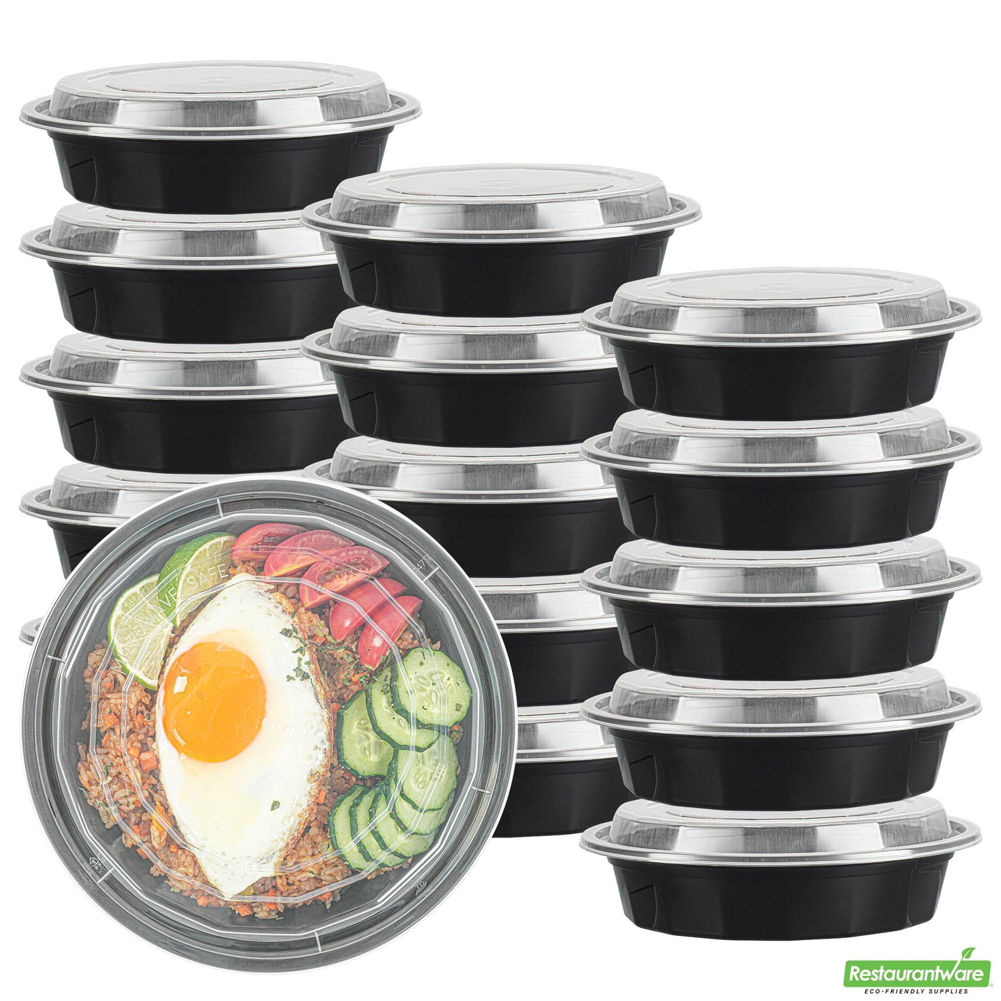 Wholesale Restaurantware 24 Oz Round Black Plastic to Go Box - with Clear Lid, Microwavable - 7.2" X 7.2" X 1.6"- Bulk