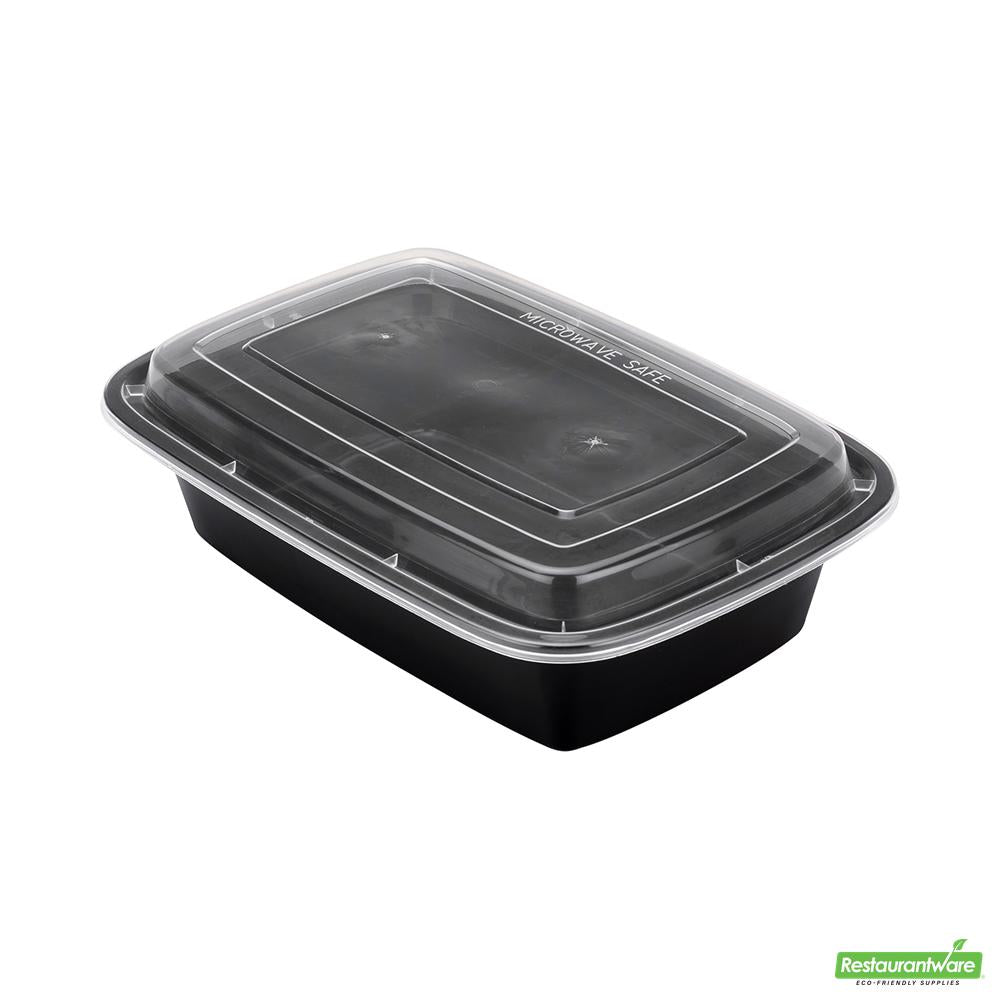 Wholesale Restaurantware Asporto 38 Oz Rectangle Black Plastic to Go Box - with Clear Lid, Microwavable - 8 3/4" X 6" X 2"- Bulk