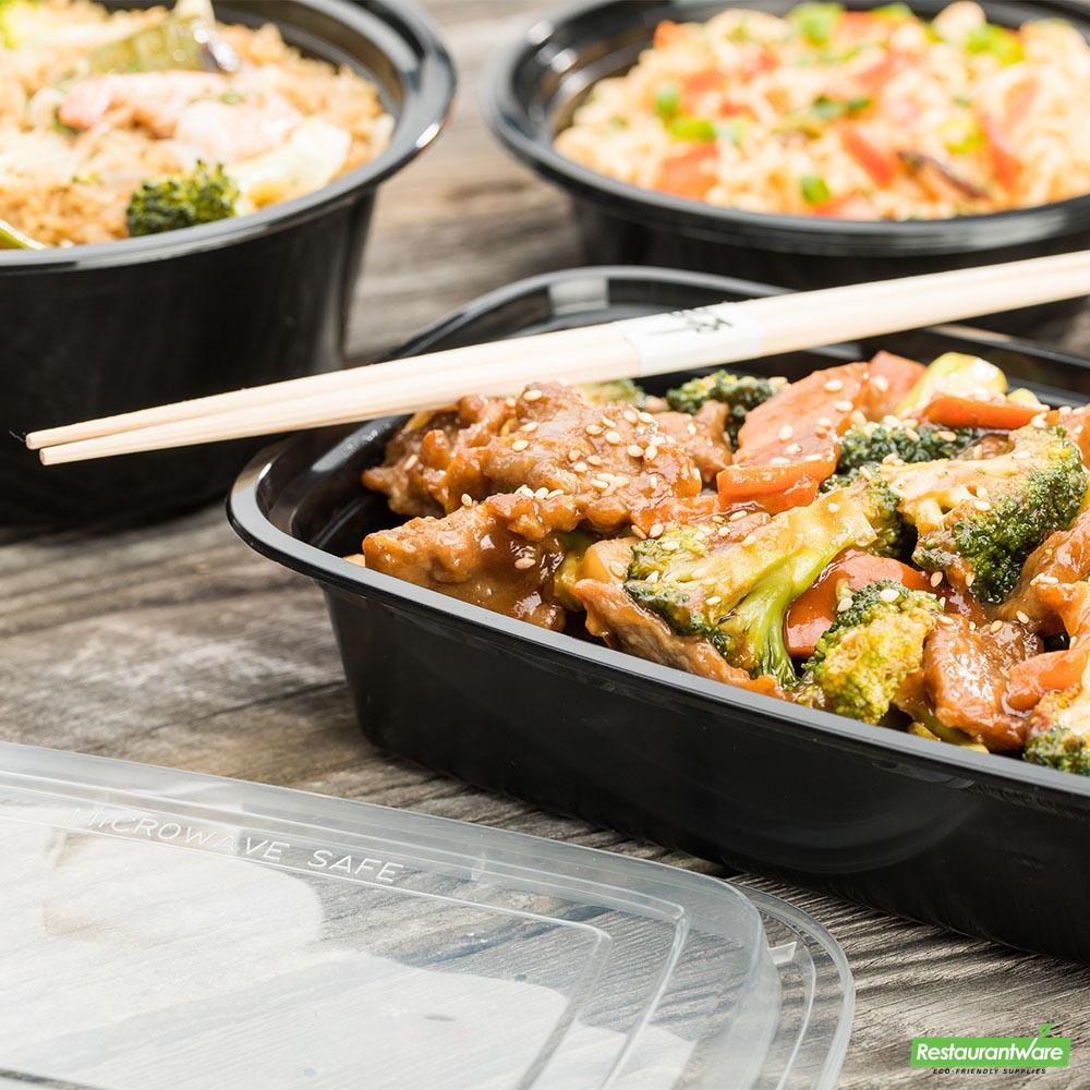 Wholesale Restaurantware Asporto 38 Oz Rectangle Black Plastic to Go Box - with Clear Lid, Microwavable - 8 3/4" X 6" X 2"- Bulk