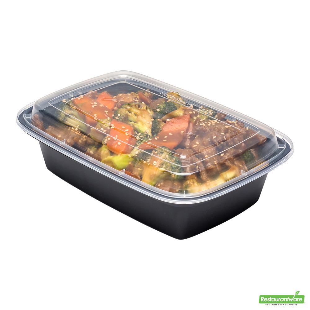 Wholesale Restaurantware Asporto 38 Oz Rectangle Black Plastic to Go Box - with Clear Lid, Microwavable - 8 3/4" X 6" X 2"- Bulk
