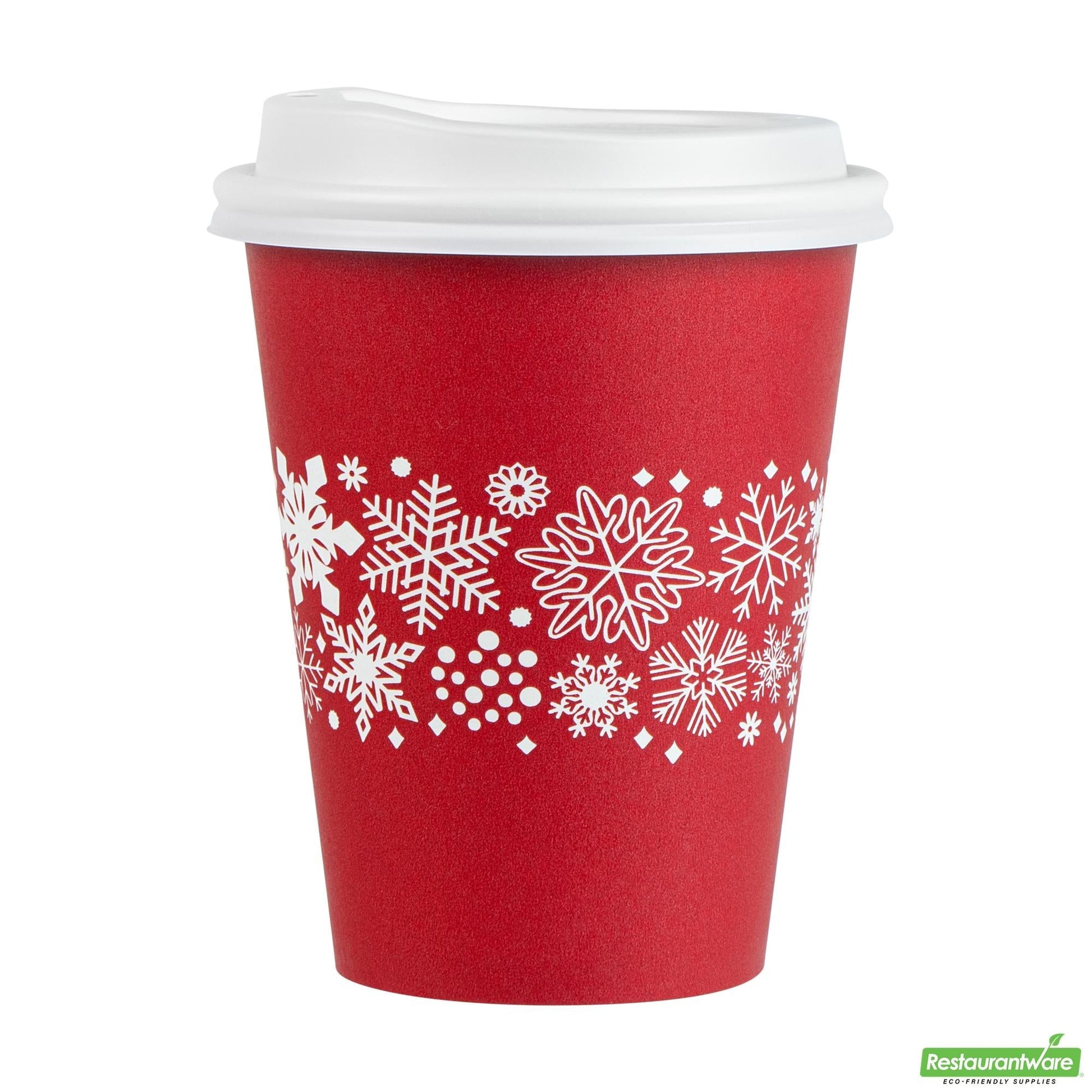 Wholesale Restaurantware 12 Oz Red Christmas Snowflakes Single Wall Coffee Cup - with Lid- Bulk
