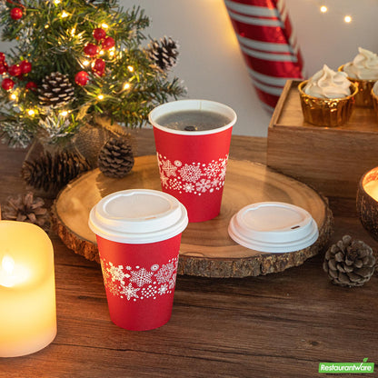 Wholesale Restaurantware 12 Oz Red Christmas Snowflakes Single Wall Coffee Cup - with Lid- Bulk